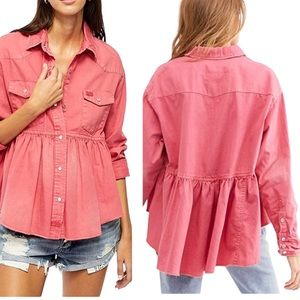 Free People Dylan Button Down Babydoll Top Size XS Solid Pink Snap Buttons